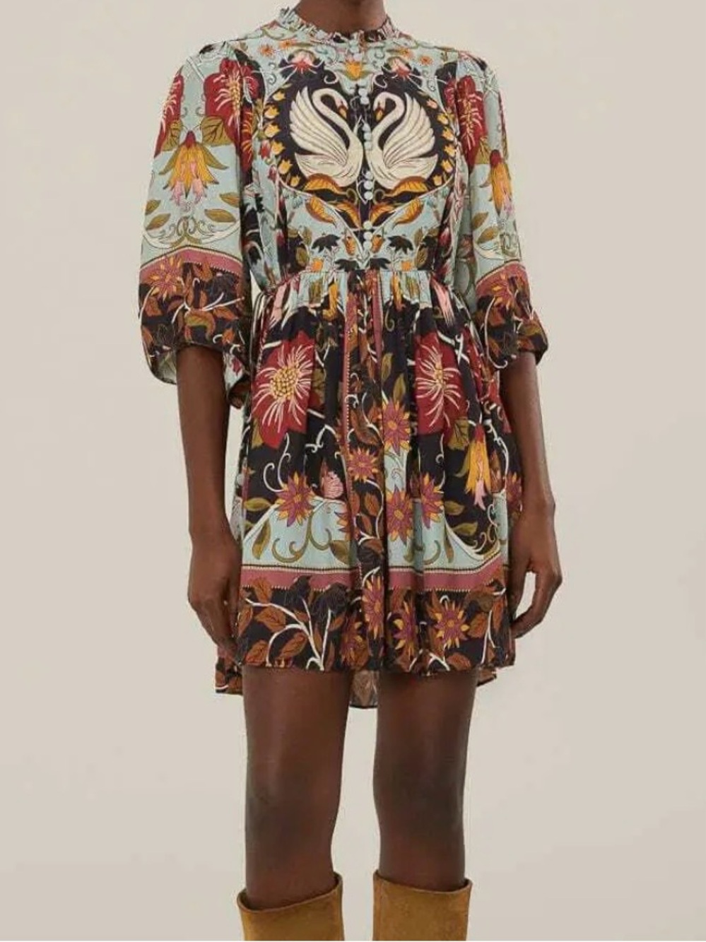 Farm rio Boho Floral Swan Print Drawstring Dress - Picture 3 of 3